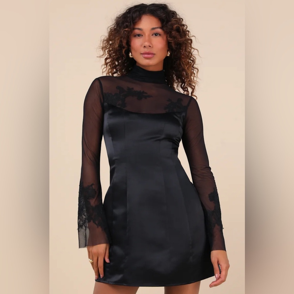 Lulu’s Exceptional Muse Black Satin Mock Neck Mini Dress
Size medium NWT